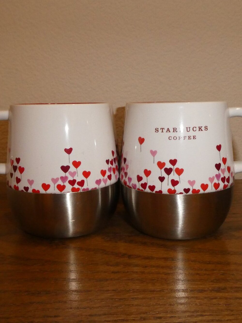 TWO Starbucks 2007 Hearts Ceramic Coffee Mugs with Stainless Steel Bottoms 14oz